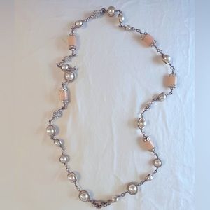 J Crew Long Elegant Pink Beaded, Clear Crystal and Faux Pearl Necklace